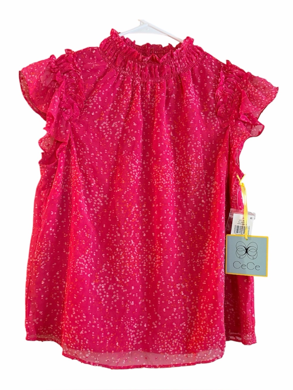 CeCe Pink Confetti Print Ruffled Mock Neck Short Sleeve Preppy Blouse Size M NWT